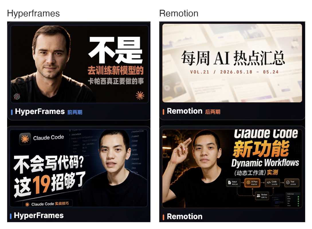 Hyperframes 与 Remotion 作品对照